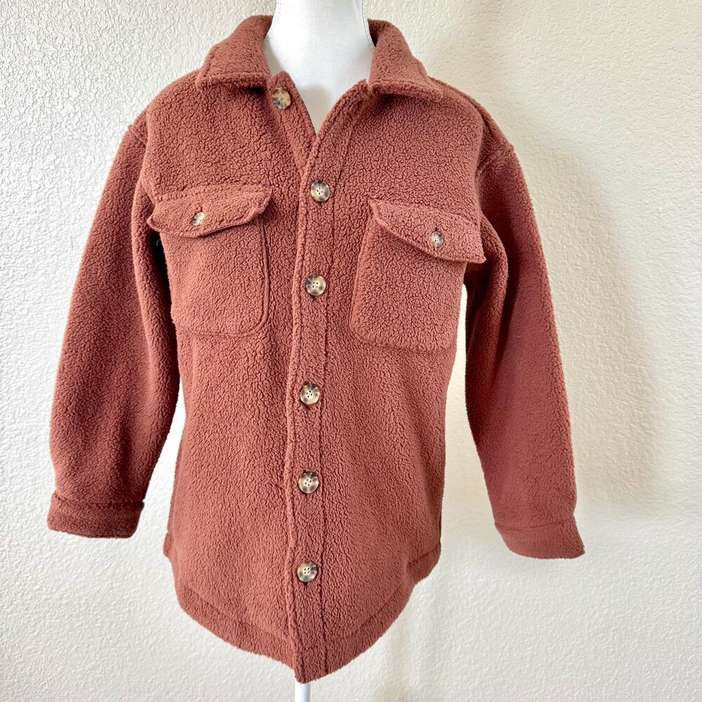 Hanna Andersson Girls 12 Sherpa Fleece Shacket Jacket Rust Button Up Pockets